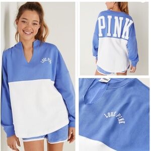 VS PINK Varsity Notch Neck Crew Pullover Sweatshirt Blue Colorblock Size M